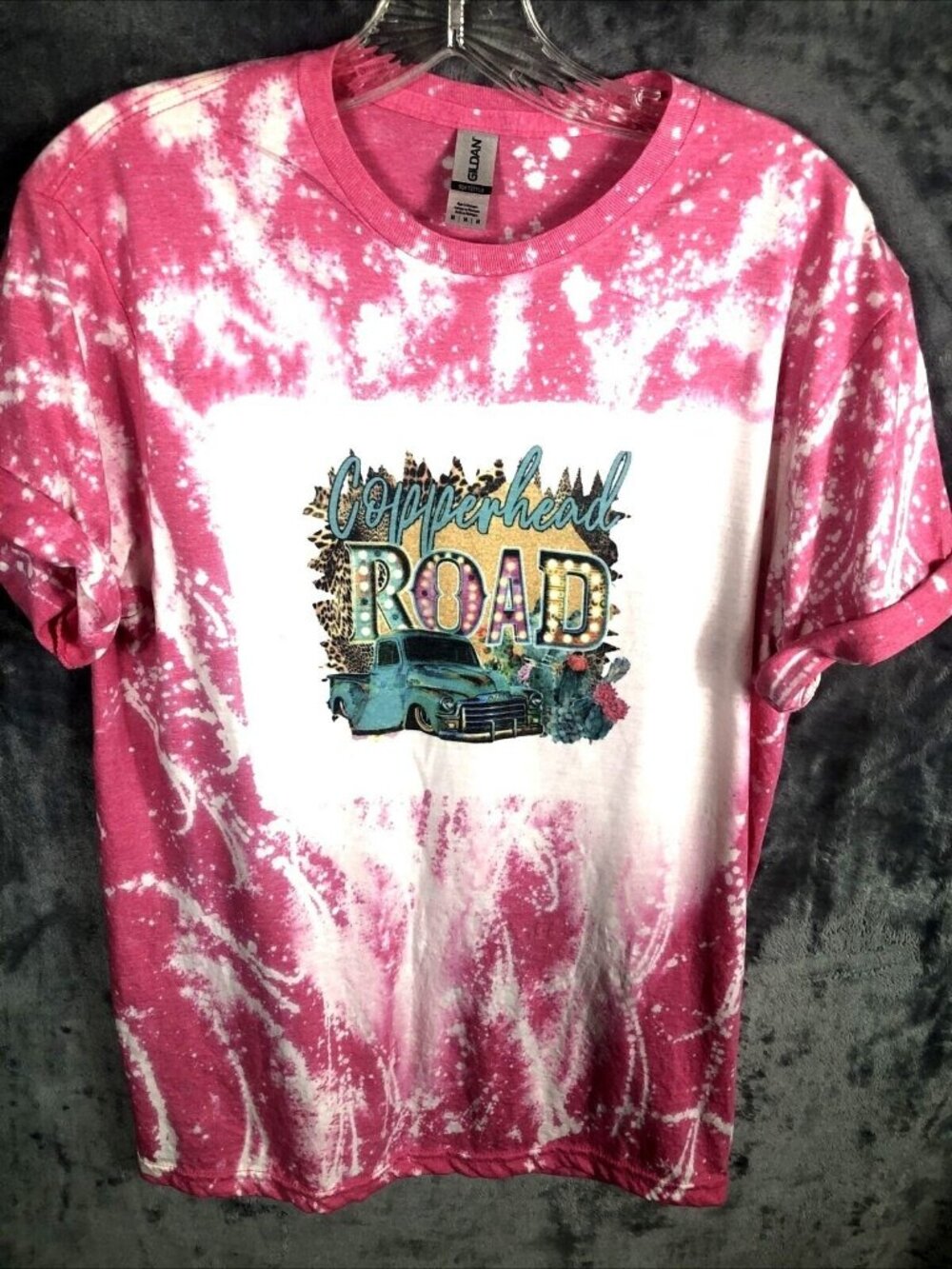 Gildan Womans T Shirt Copperhead Road Pink Tie-Dye Graphic Shirt